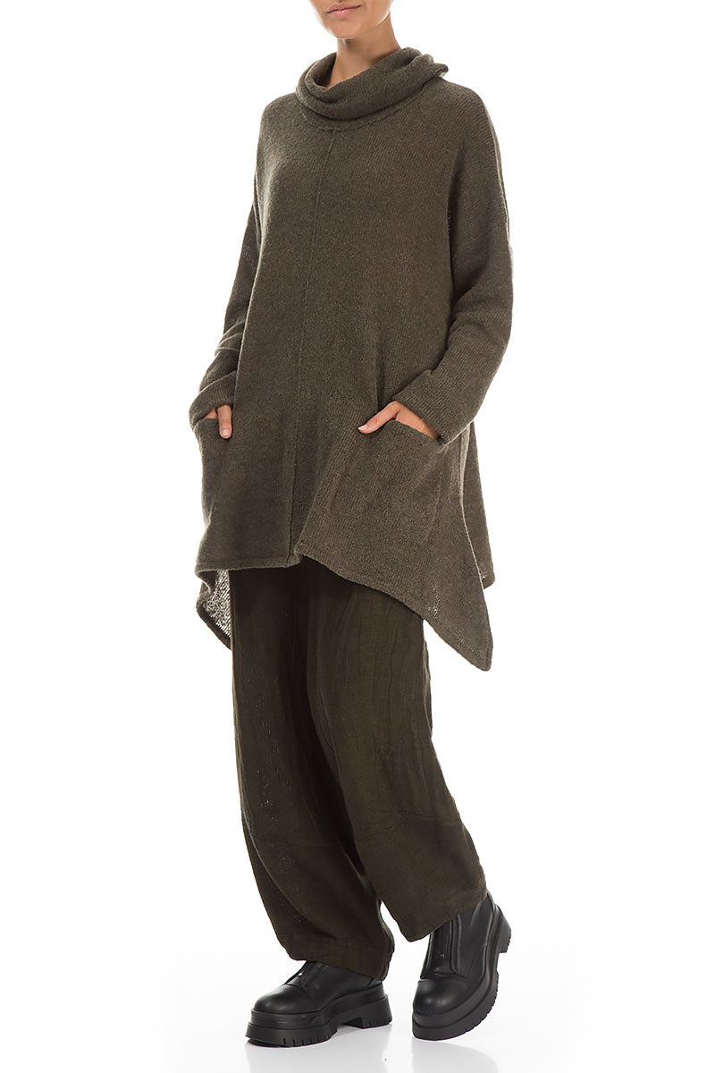 Longer Back Turtleneck Khaki Wool Sweater 5