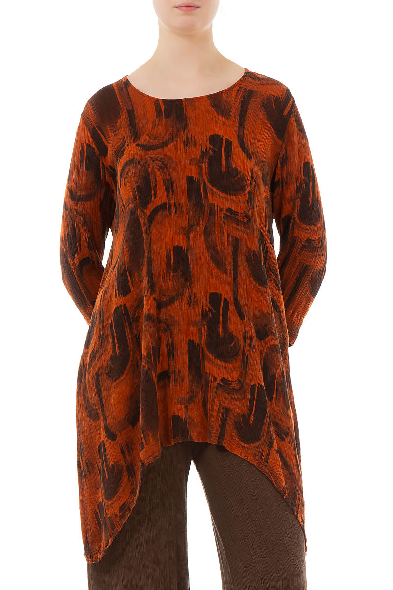 Longer Edge Burnt Orange Paintwave Silk Viscose Tunic 3