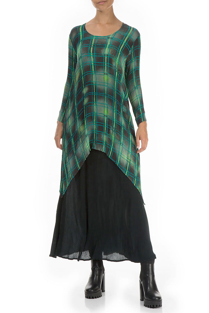 Longer Edge Emerald Grid Silk Viscose Tunic