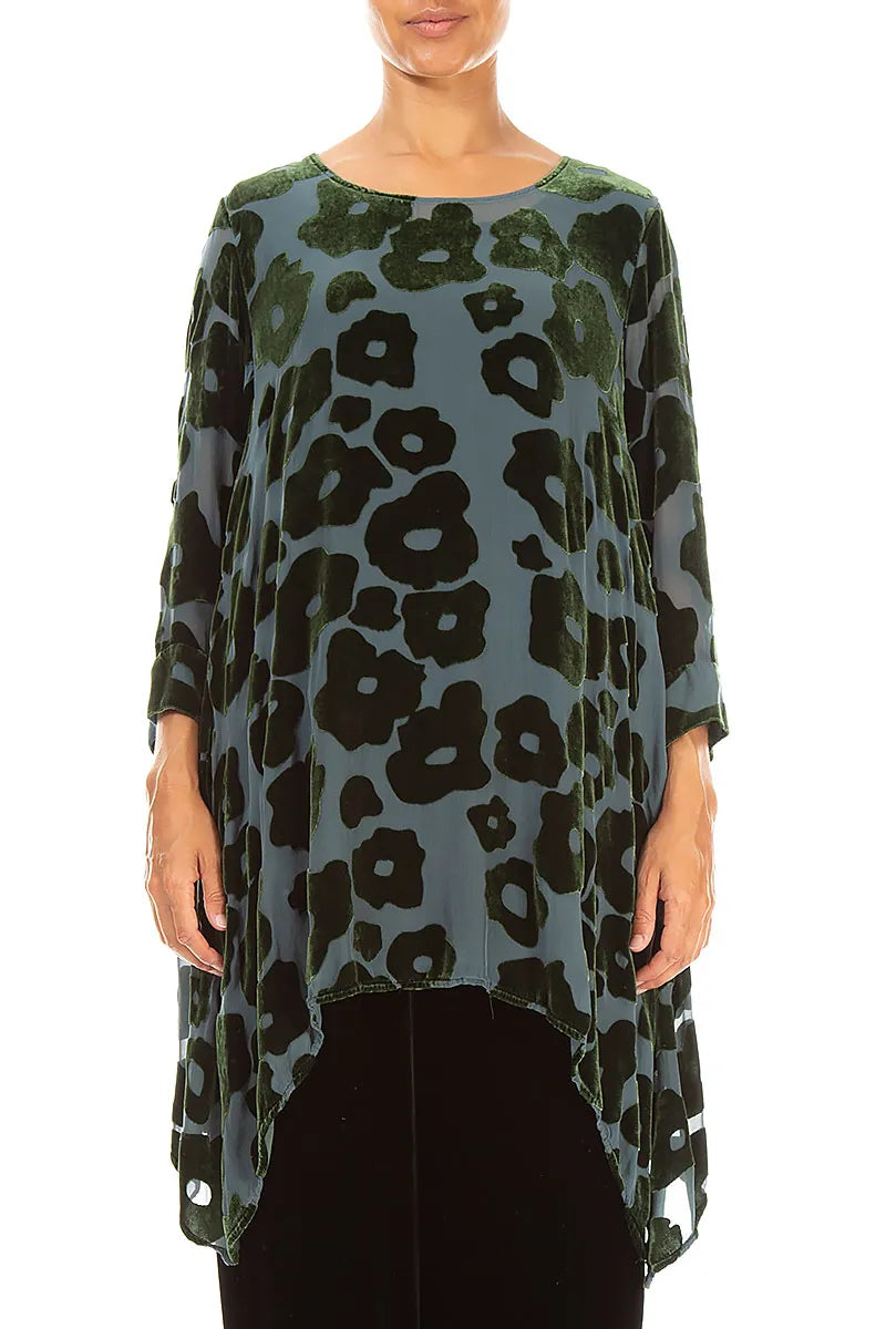 Longer Edge Shamrock Green Devoré Blooms Silk Velvet Tunic 1