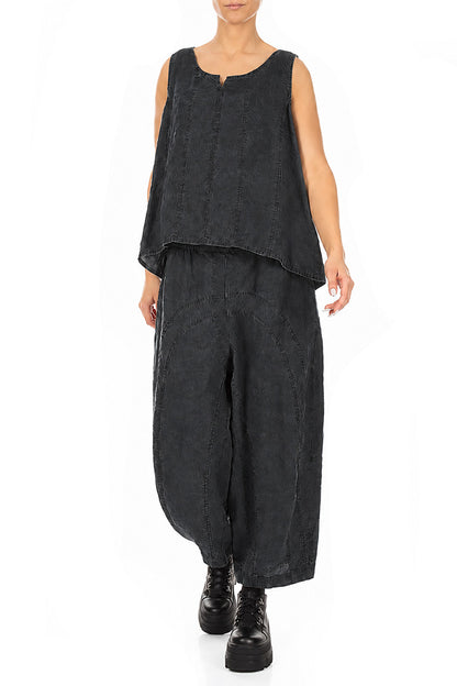Loose Back Pockets Black Linen Trousers 4
