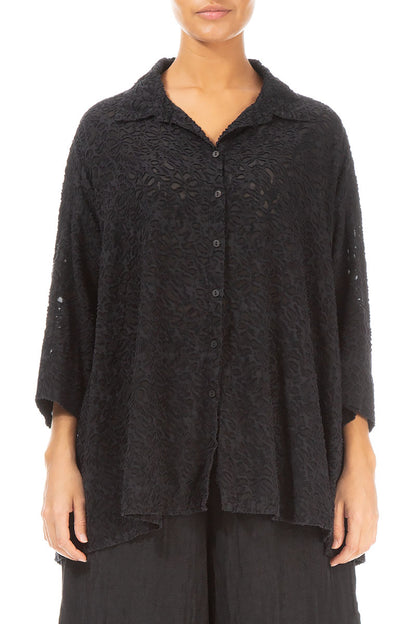 Loose Black Floral Texture Silk Shirt