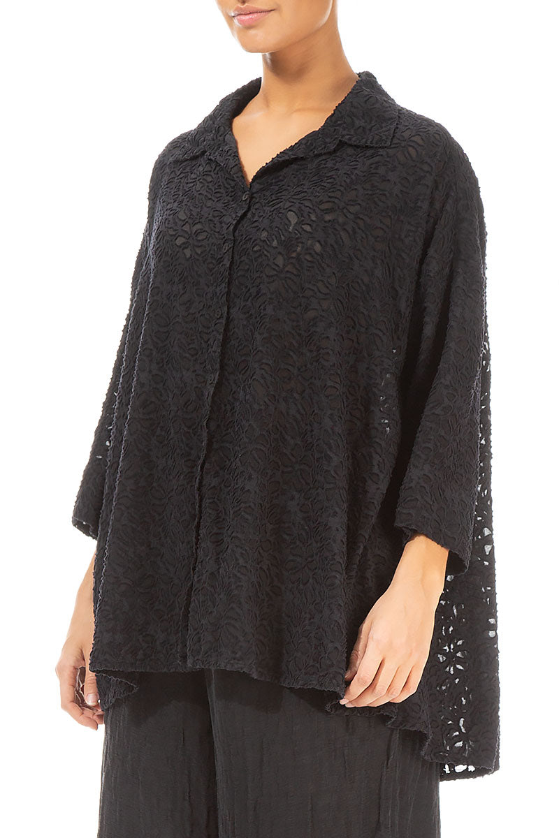 Loose Black Floral Texture Silk Shirt 3