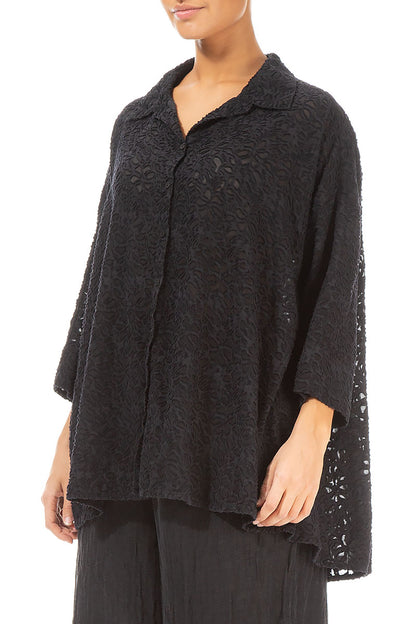 Loose Black Floral Texture Silk Shirt