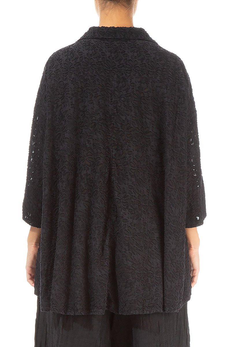 Loose Black Floral Texture Silk Shirt