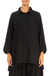 Loose Black Textured Linen Shirt 1