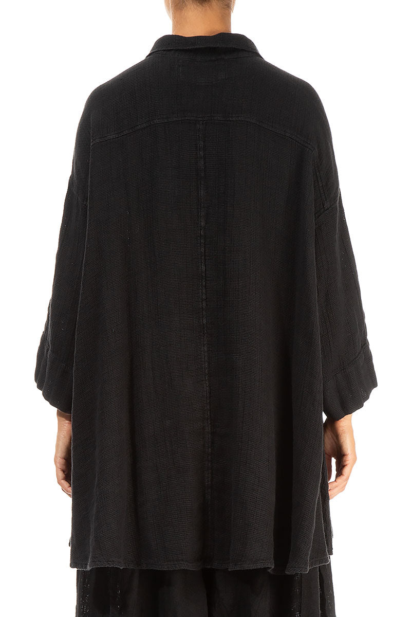 Loose Black Textured Linen Shirt 2