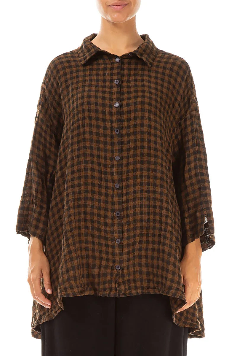 Loose Black &amp; Copper Check Linen Shirt 1