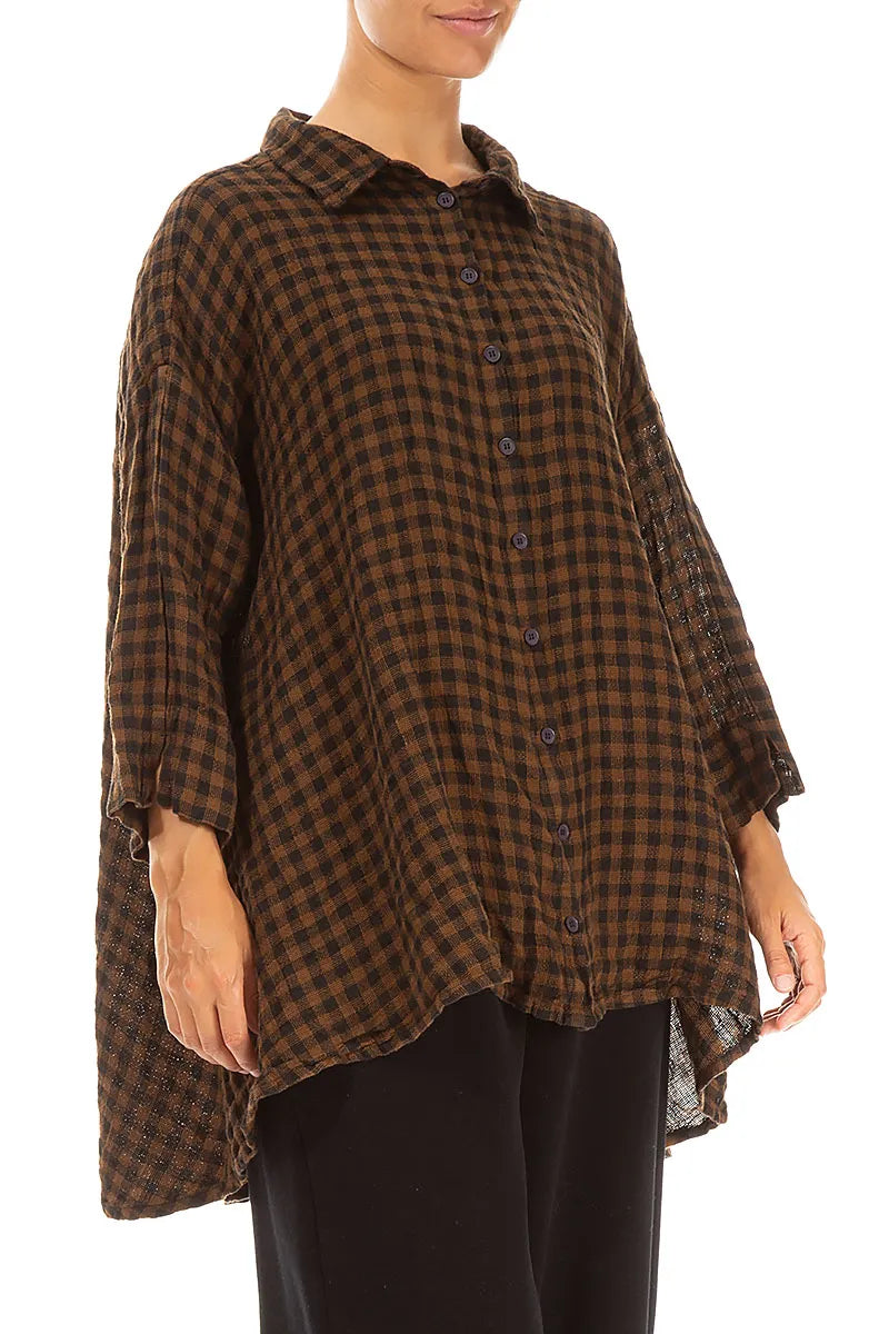 Loose Black &amp; Copper Check Linen Shirt 3