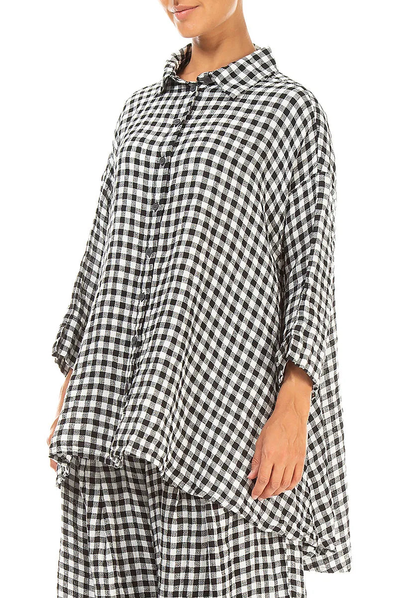 Chemise ample en lin à carreaux noirs et blancs
