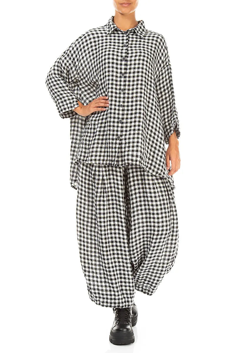 Chemise ample en lin à carreaux noirs et blancs