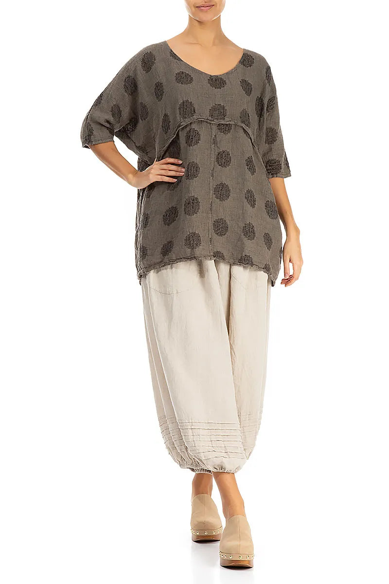 Loose Bubble Patterned Brown Linen Blouse 4