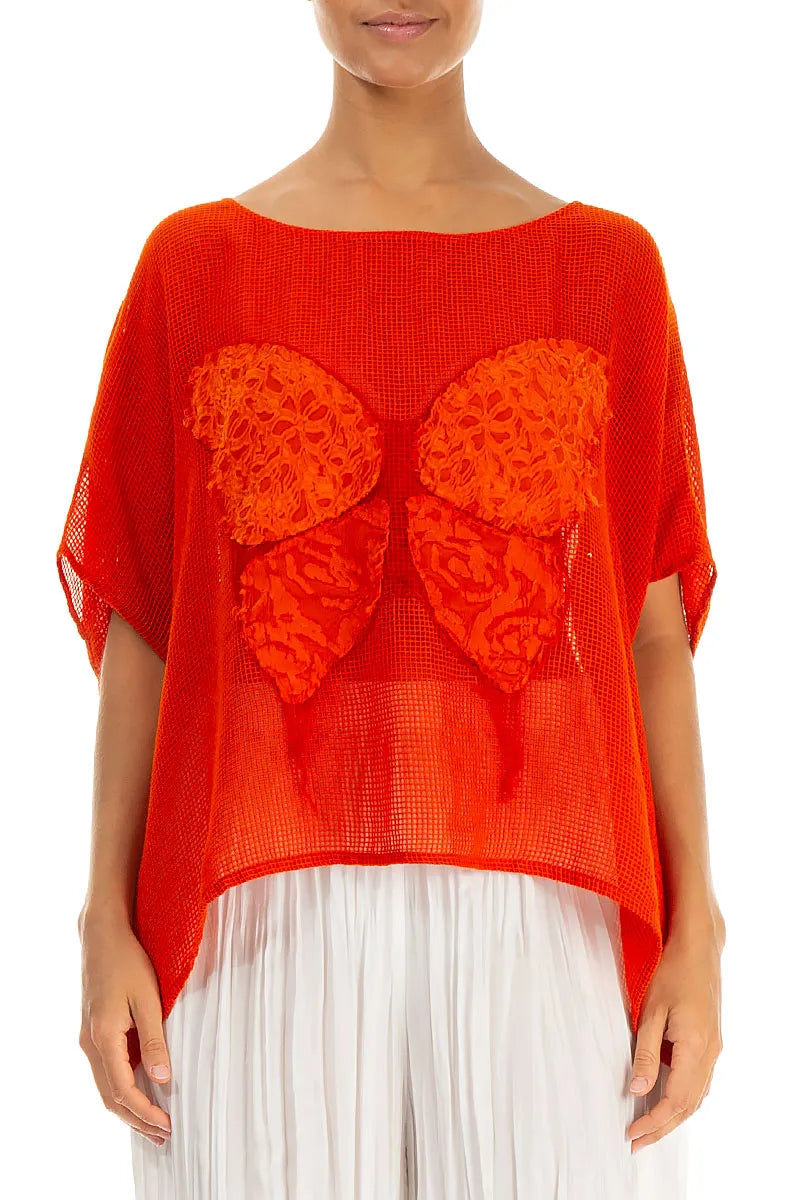 Loose Butterfly Flame Orange Mesh Silk Blouse