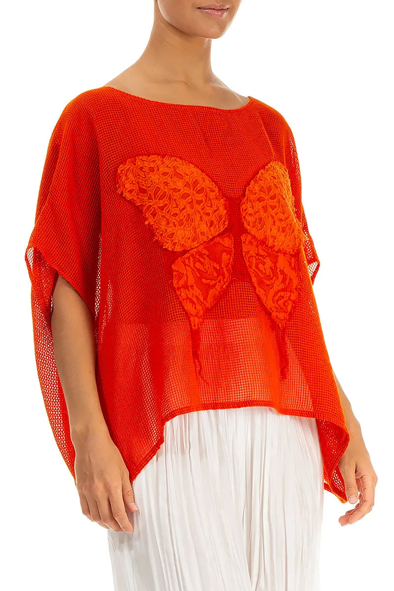 Loose Butterfly Flame Orange Mesh Silk Blouse