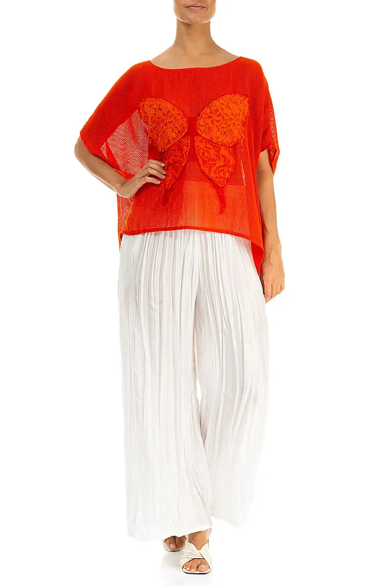 Loose Butterfly Flame Orange Mesh Silk Blouse