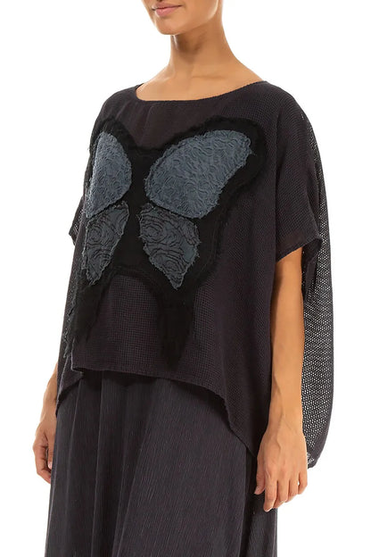 Lockere Bluse aus Graphit-Mesh-Seide mit Schmetterlingsmuster