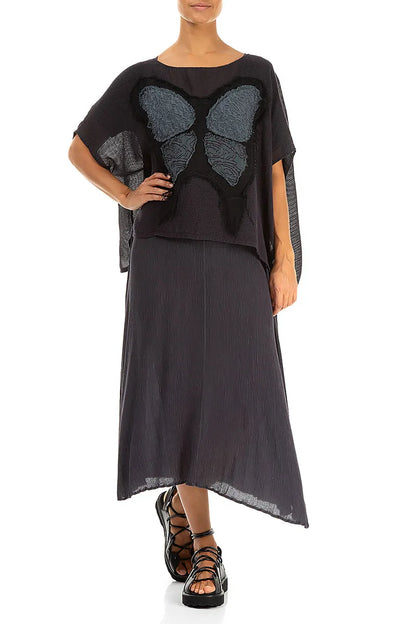 Lockere Bluse aus Graphit-Mesh-Seide mit Schmetterlingsmuster