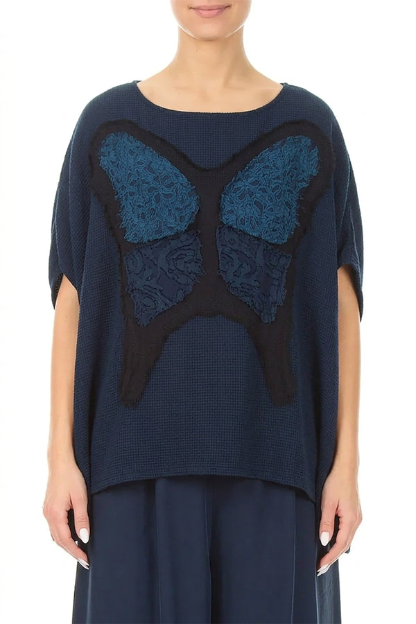 Loose Butterfly Navy Mesh Silk Blouse 1