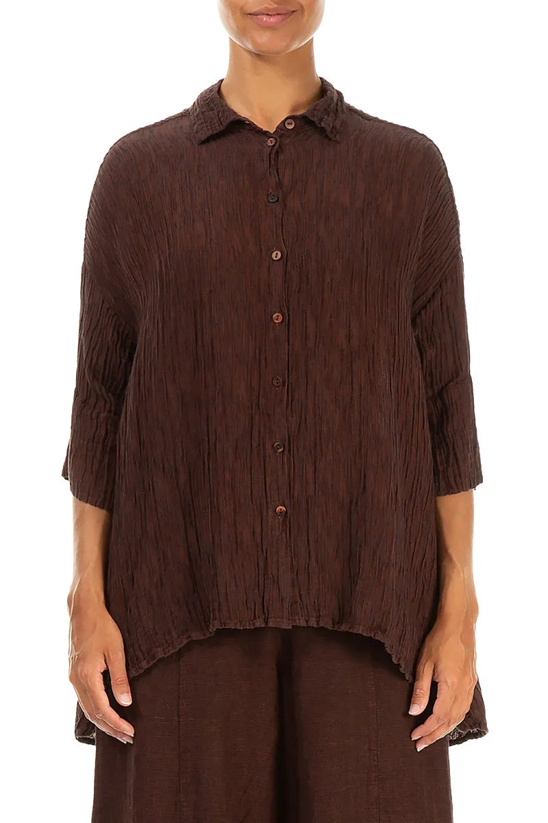 Loose Crinkled Dark Brick Silk Shirt 1