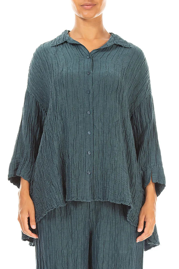 Loose Crinkled Deep Turquoise Silk Linen Shirt 1