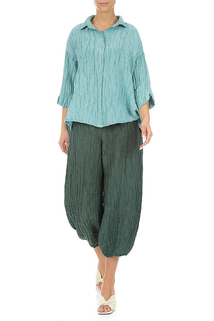 Loose Crinkled Mint Silk Linen Shirt