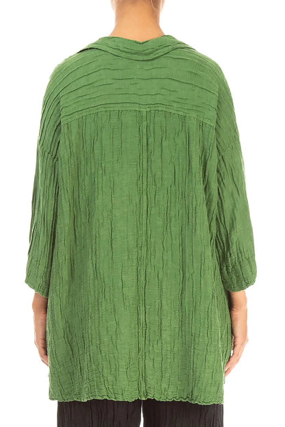 Loose Crinkled Shamrock Green Silk Linen Shirt