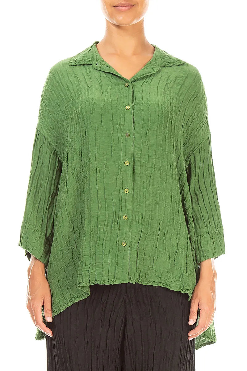 Loose Crinkled Shamrock Green Silk Linen Shirt