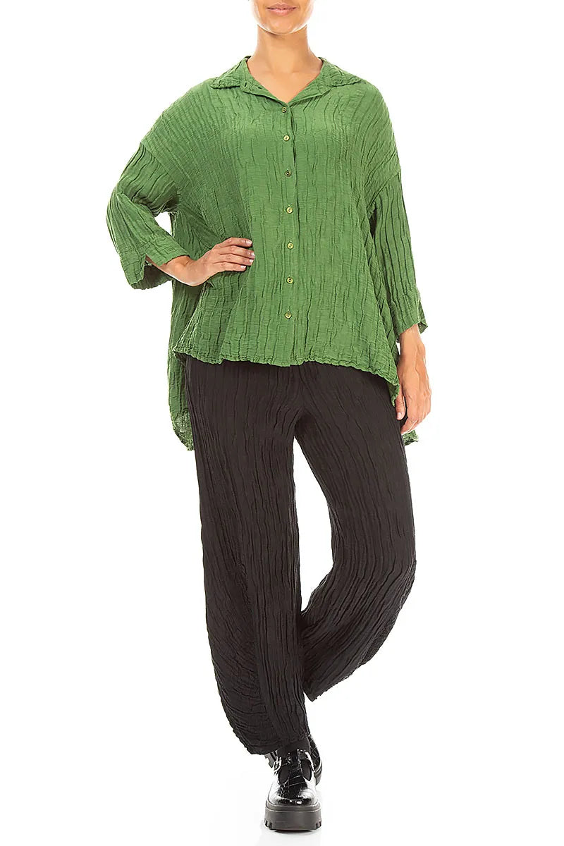 Loose Crinkled Shamrock Green Silk Linen Shirt