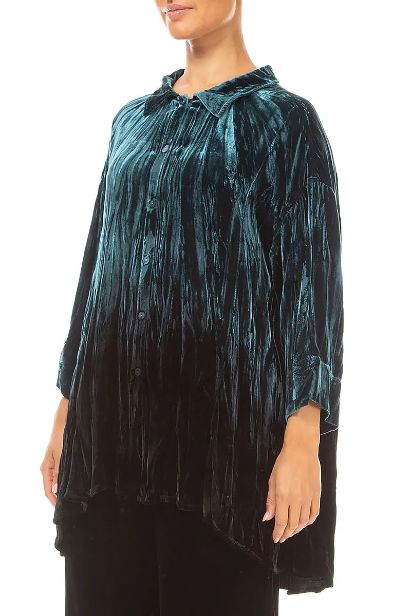 Loose Deep Turquoise Ombré Silk Velvet Shirt