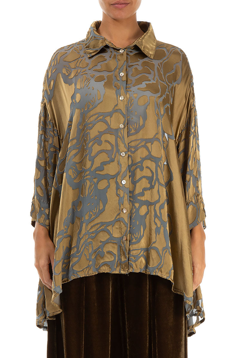 Loose Floral Golden Sage Silk Shirt 1