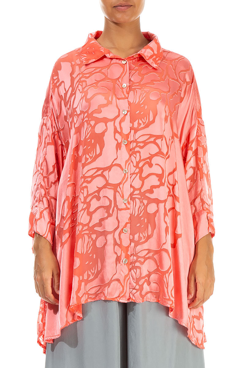 Loose Floral Living Coral Silk Shirt 1