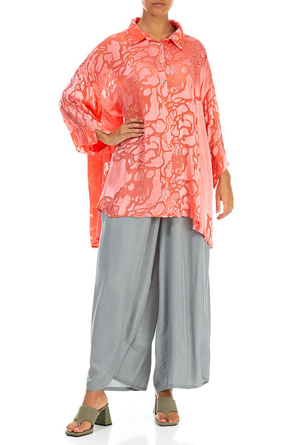 Loose Floral Living Coral Silk Shirt 4