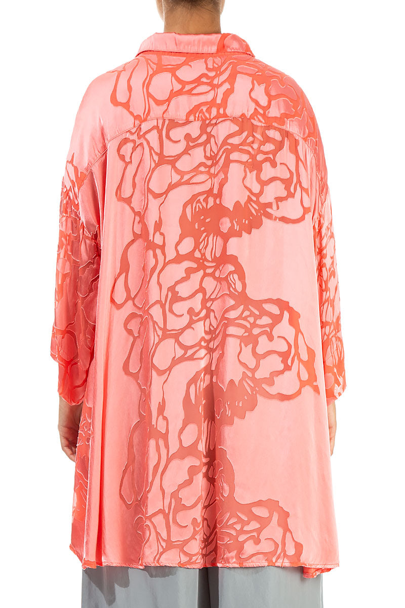 Loose Floral Living Coral Silk Shirt 2