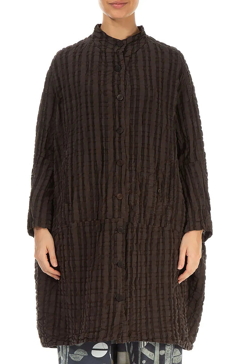 Loose Forest Brown Checkered Linen Cotton Jacket