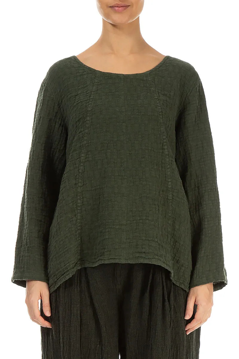 Loose Forest Mist Textured Linen Blouse 1