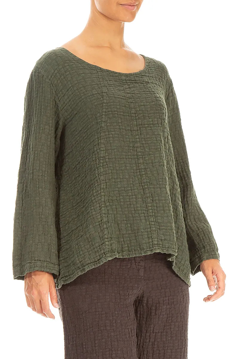 Loose Forest Mist Textured Linen Blouse 3