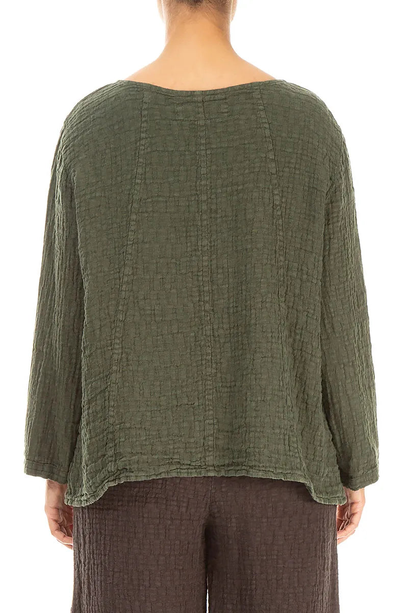 Loose Forest Mist Textured Linen Blouse 2