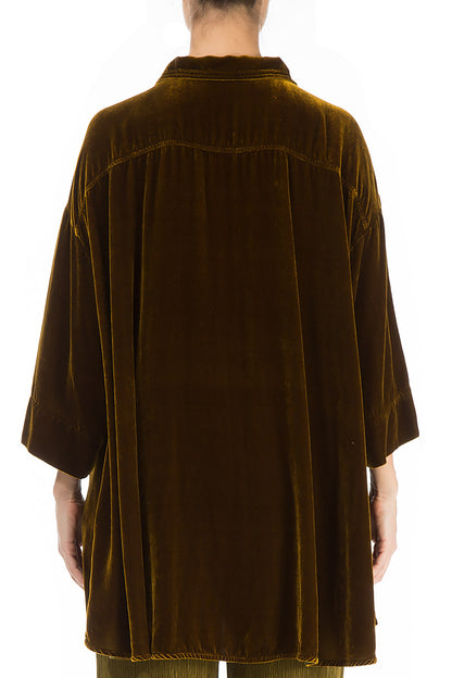 Loose Golden Olive Silk Velvet Shirt 2