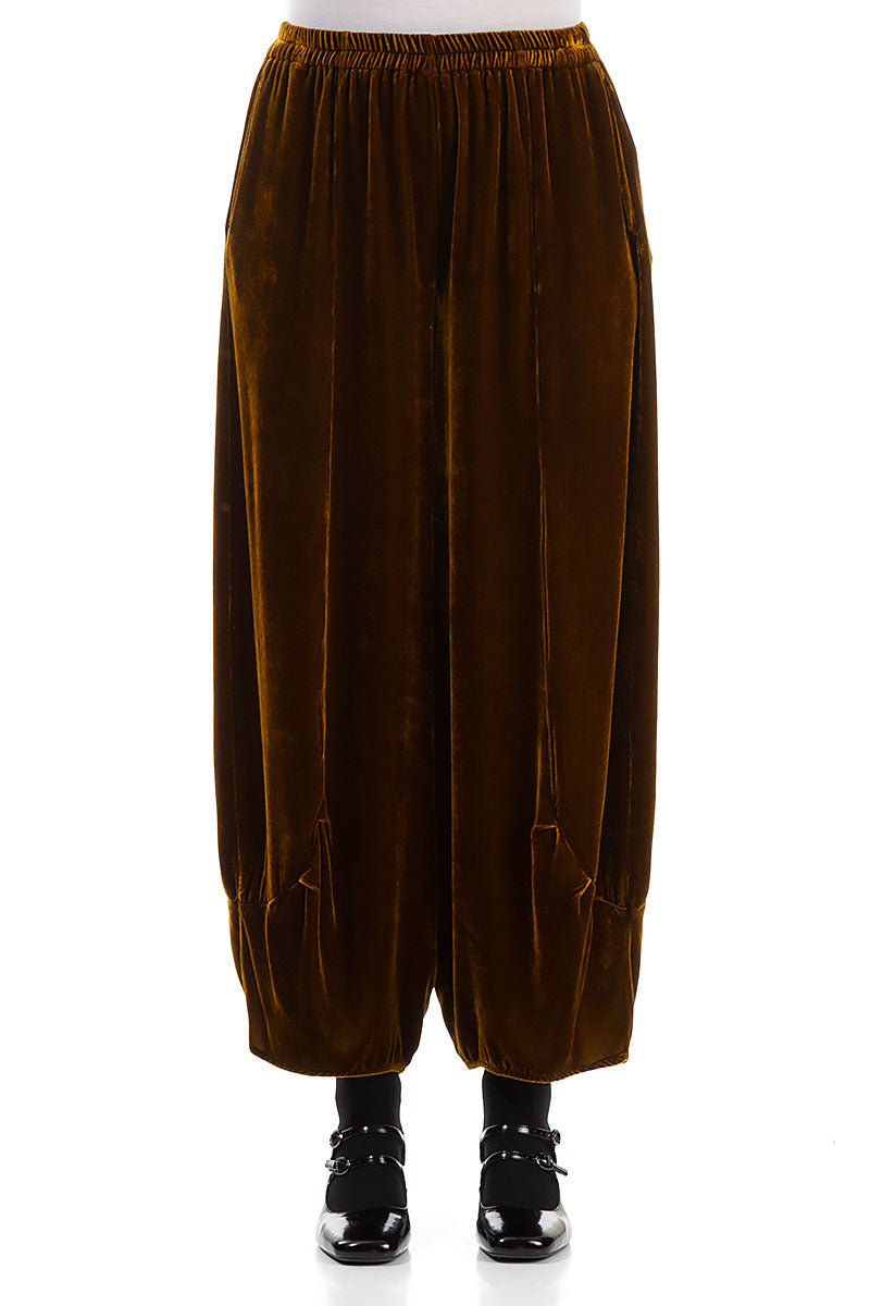 Loose Golden Olive Silk Velvet Trousers 1