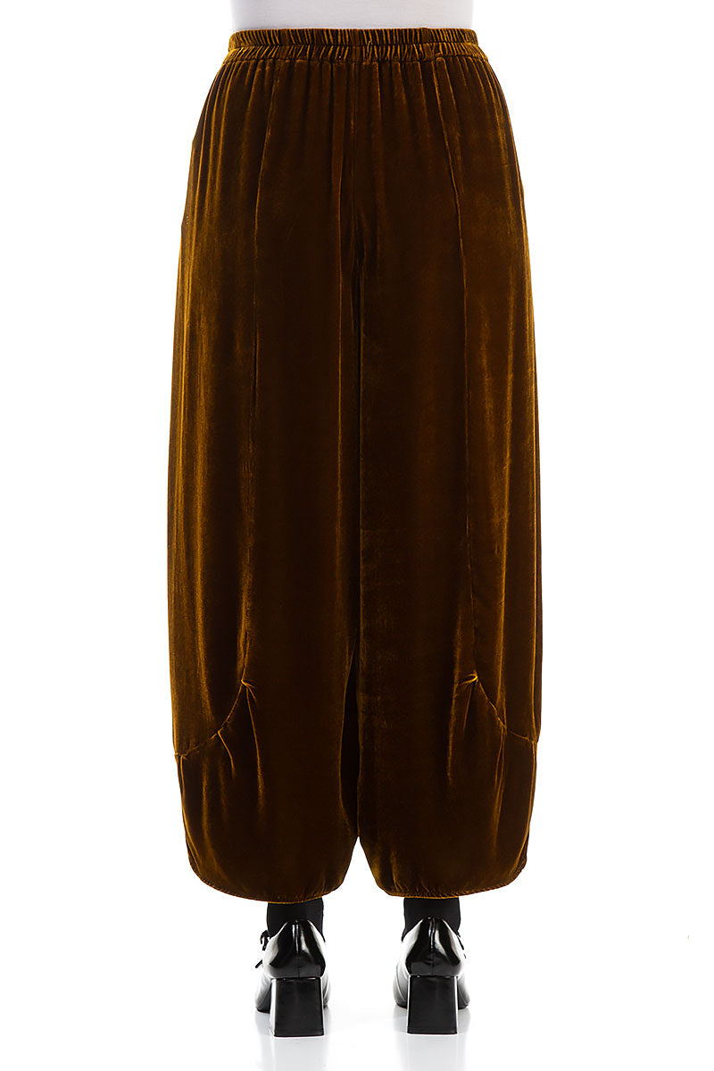 Loose Golden Olive Silk Velvet Trousers 2