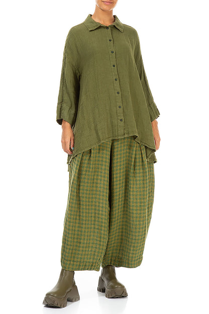 Loose Green Check Linen Trousers 4