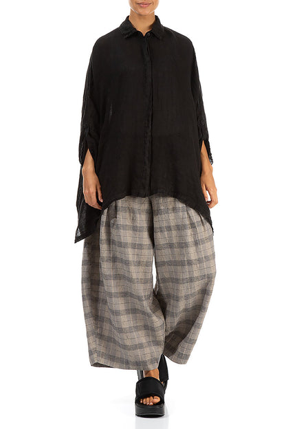 Loose Greige Check Linen Trousers 4