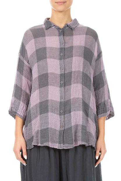Loose Large Check Lilac Gauze Linen Shirt 2