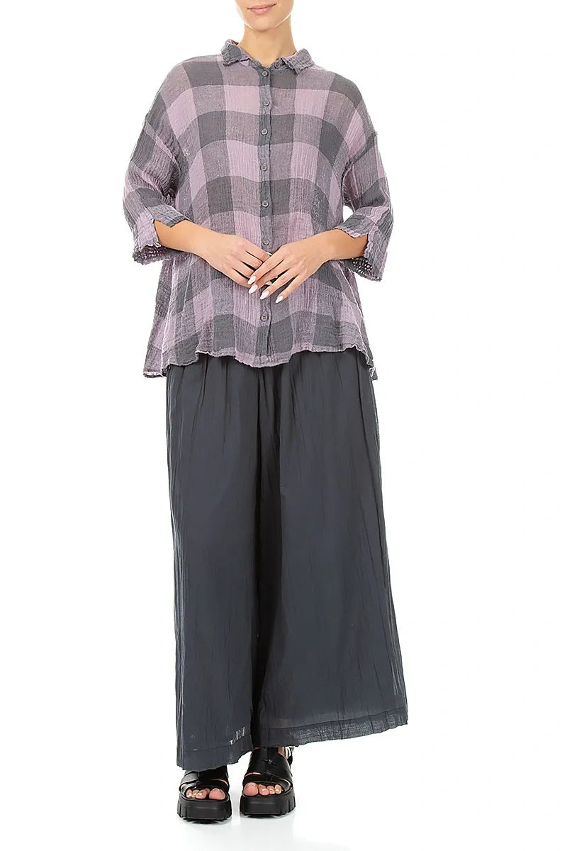 Loose Large Check Lilac Gauze Linen Shirt 5