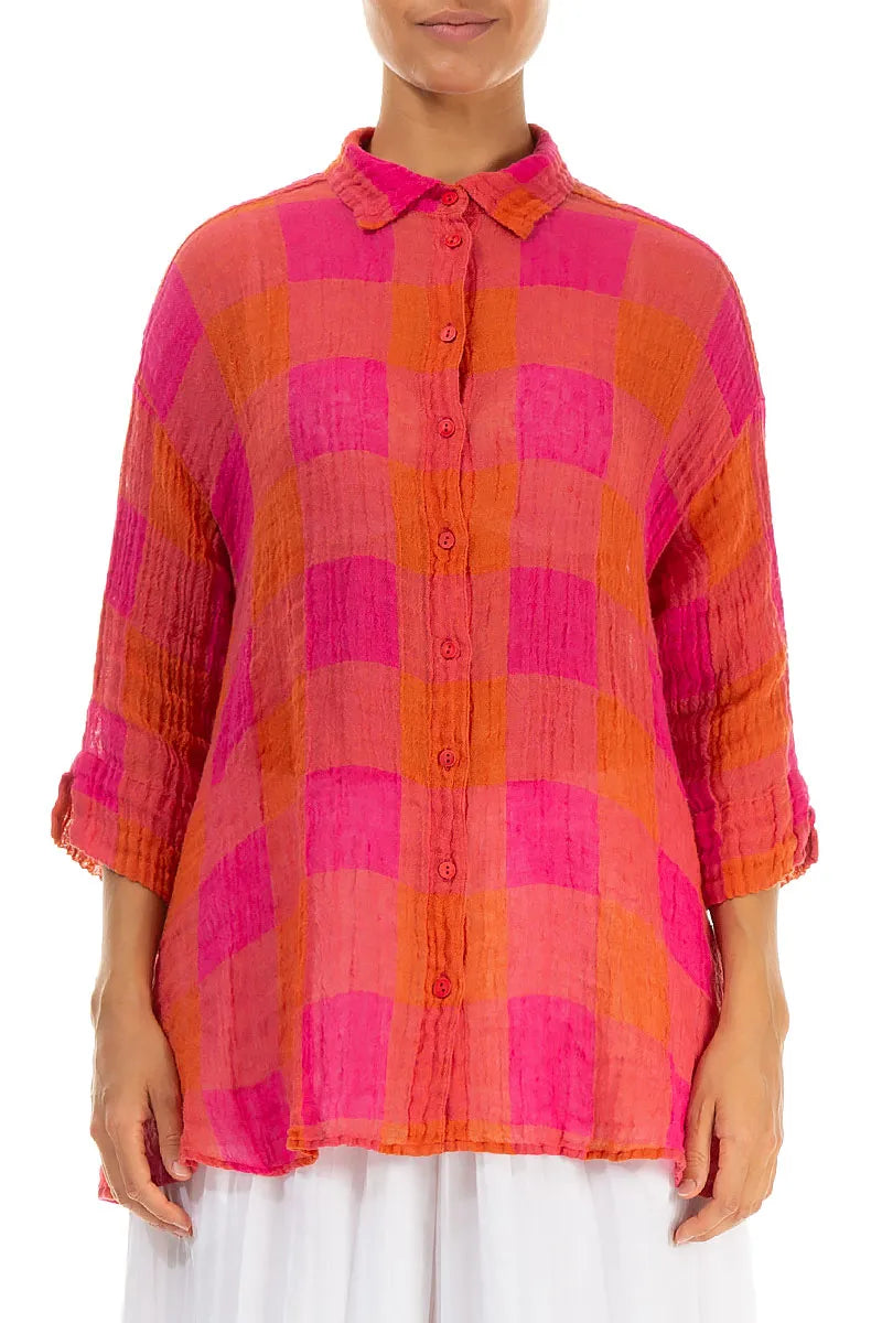 Loose Large Check Pink Orange Gauze Linen Shirt