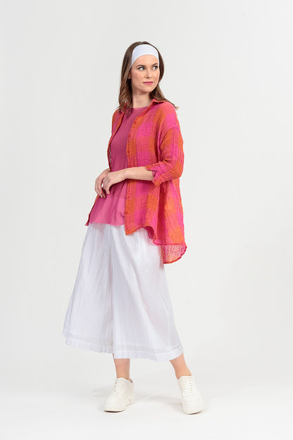 Chemise ample en gaze de lin à grands carreaux rose orange
