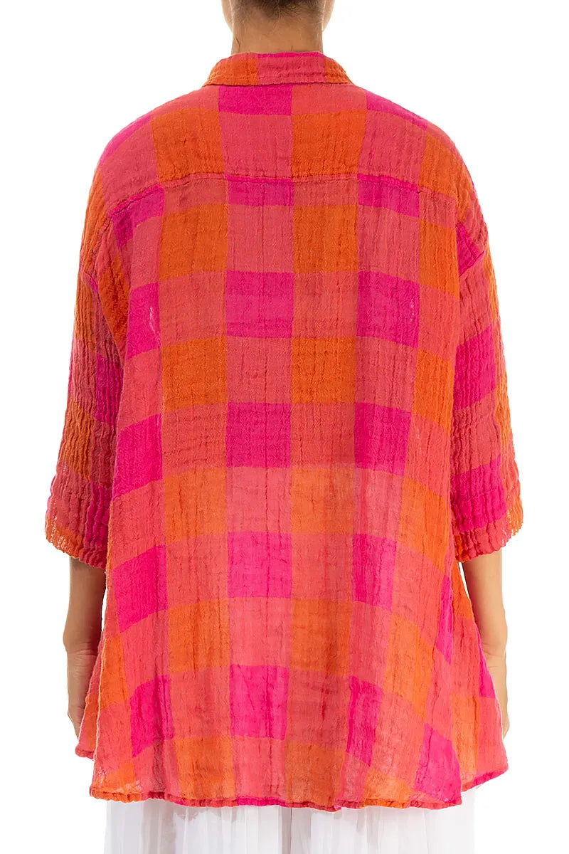 Loose Large Check Pink Orange Gauze Linen Shirt