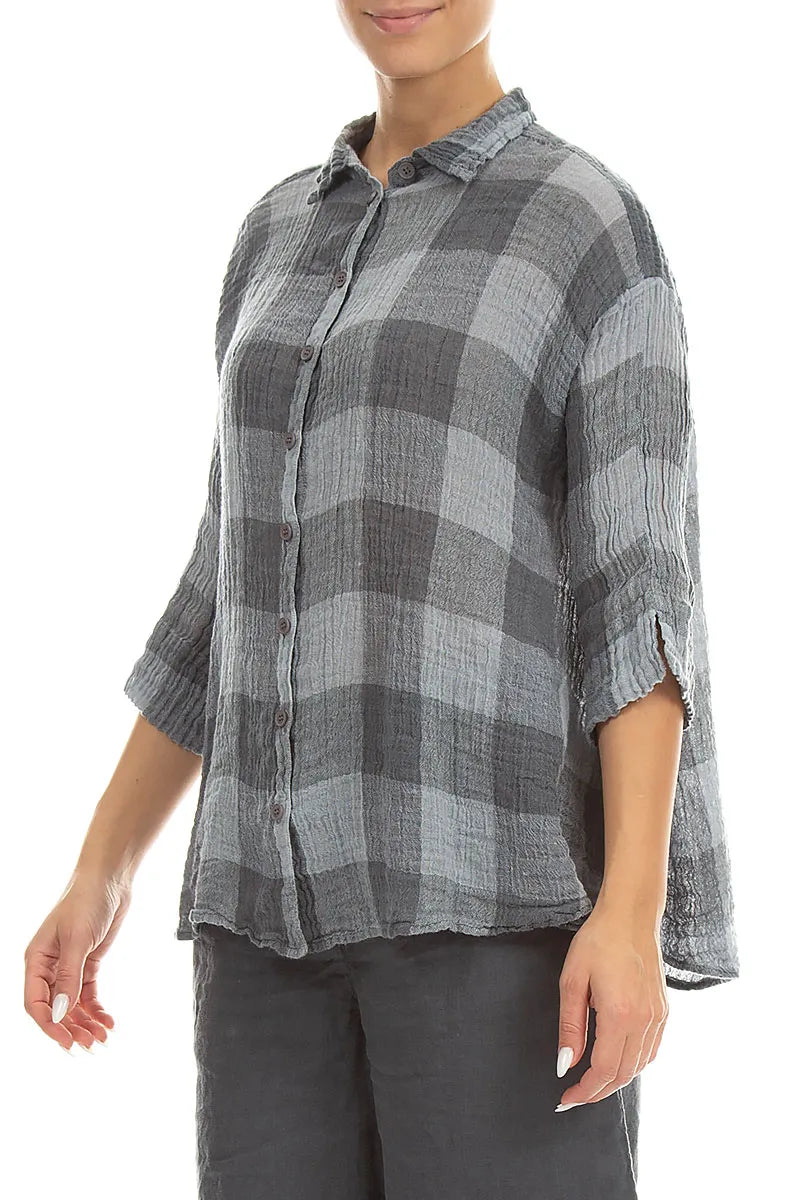 Lockeres, großkariertes silber-graues Leinenhemd aus Gaze