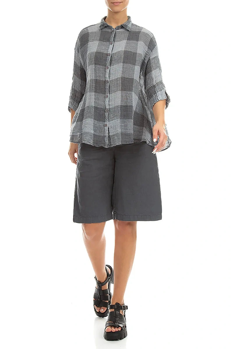 Lockeres, großkariertes silber-graues Leinenhemd aus Gaze