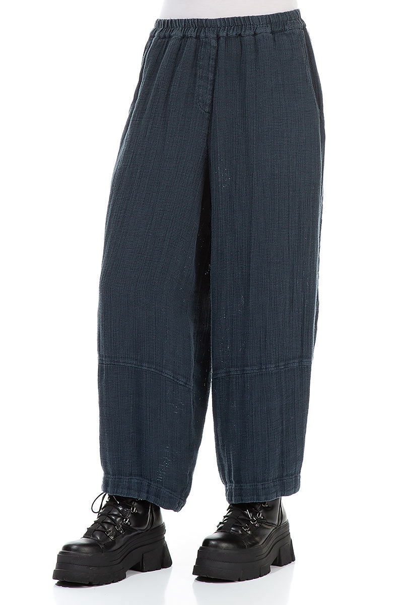 Loose Midnight Blue Textured Linen Trousers 3